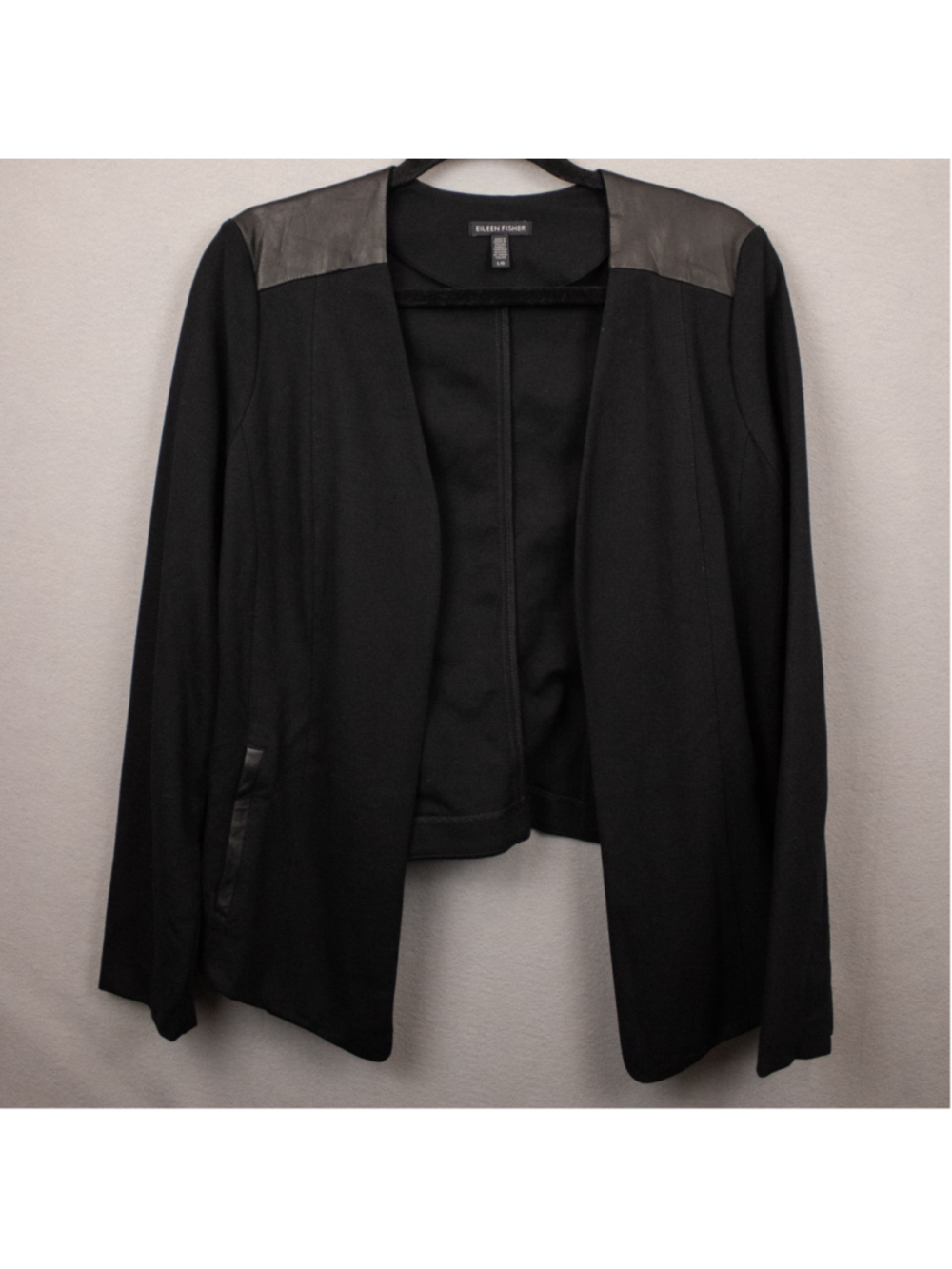Eileen Fisher black angle front ponte leather trim open jacket-L